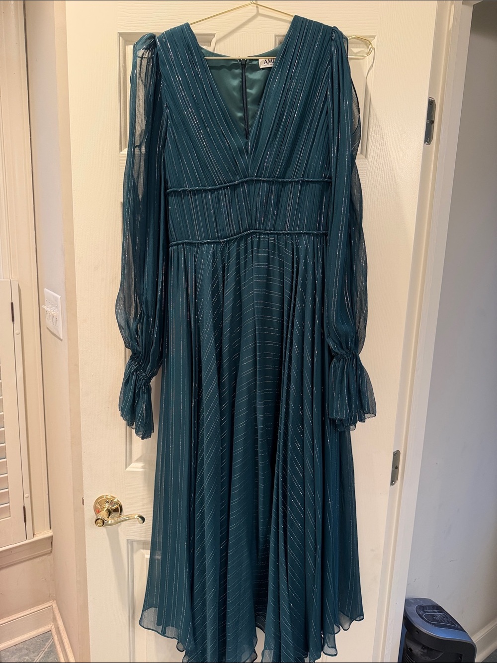 AMUR Teal Metallic-Striped Long-Sleeve V-Neck Midi Dress